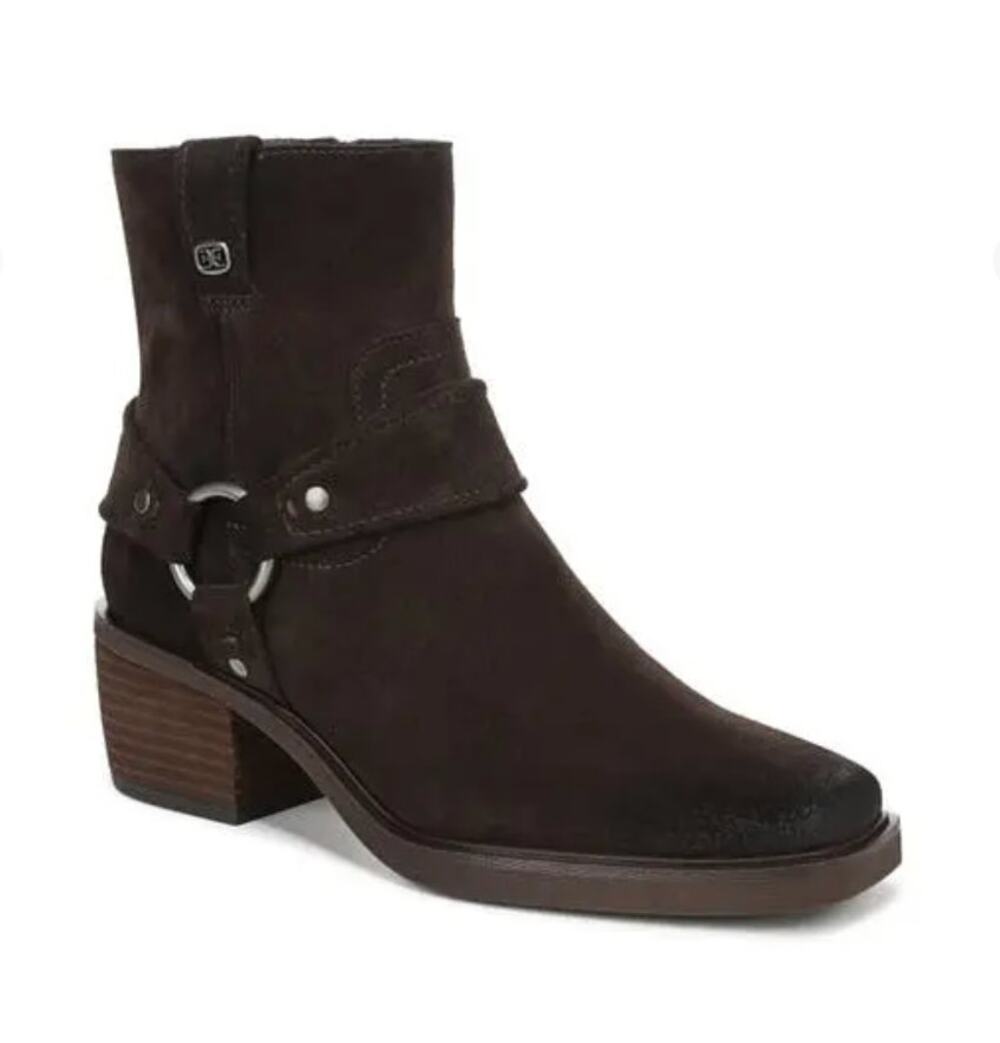 Sam Edelman Barrett Harness Bootie Dark Brownstone Suede 6 NWOB Silver Hardware